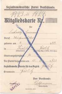 gr��eres Bild - Mitgliedskarte SPD   1923